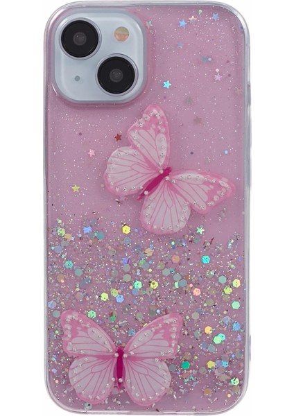 Apple iPhone 14 Case Için Sparkle Epoksi Kelebek Dekor Tpu+Pvc Telefon Geri Kabuk Pink (Yurt Dışından)