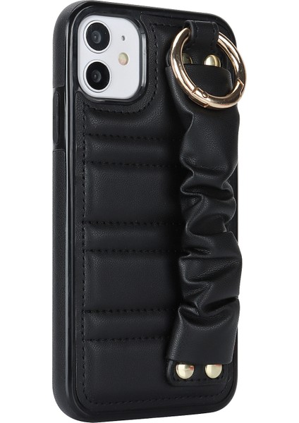 Apple iPhone 11 Kasa Için Pleated Wristband Kickstand Pu Deri Kaplamalı Tpu Cover-Black (Yurt Dışından)