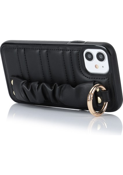 Apple iPhone 11 Kasa Için Pleated Wristband Kickstand Pu Deri Kaplamalı Tpu Cover-Black (Yurt Dışından)