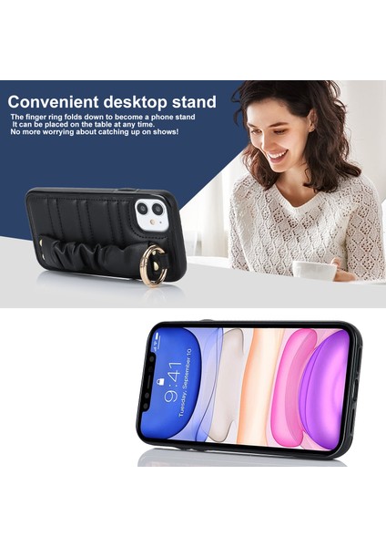 Apple iPhone 11 Kasa Için Pleated Wristband Kickstand Pu Deri Kaplamalı Tpu Cover-Black (Yurt Dışından)