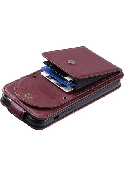 Apple iPhone 14 Pro Kasu Kılıf Çantası Pu Deri Dikey Flip Telefon Kapağı Straps-Wine Red ile (Yurt Dışından)