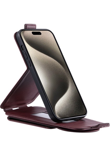 Apple iPhone 14 Pro Kasu Kılıf Çantası Pu Deri Dikey Flip Telefon Kapağı Straps-Wine Red ile (Yurt Dışından)