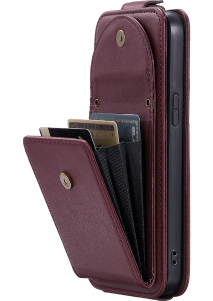 Apple iPhone 14 Pro Kasu Kılıf Çantası Pu Deri Dikey Flip Telefon Kapağı Straps-Wine Red ile (Yurt Dışından)