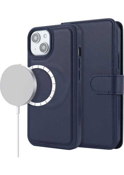 Magsafe Pu Deri Flip Cover-Dark Mavi ile Uyumlu Apple iPhone 14 Plus Kılıfı Için Çıkarılabilir Telefon Kılıfı (Yurt Dışından)