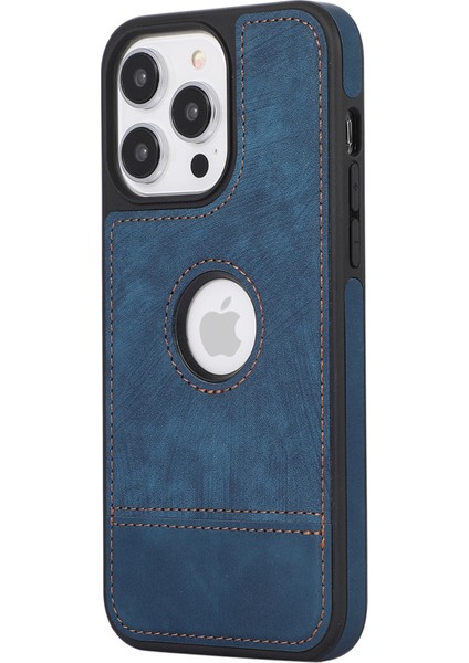 Apple iPhone 14 Pro Kabuk Şok Geçirmez Pu Deri Kaplamalı Tpu Telefon Kapak Mavisi Için Logo Görünüm Kılıfı (Yurt Dışından)