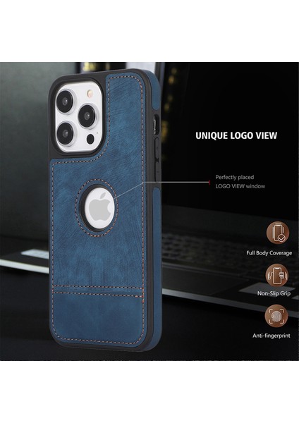 Apple iPhone 14 Pro Kabuk Şok Geçirmez Pu Deri Kaplamalı Tpu Telefon Kapak Mavisi Için Logo Görünüm Kılıfı (Yurt Dışından)