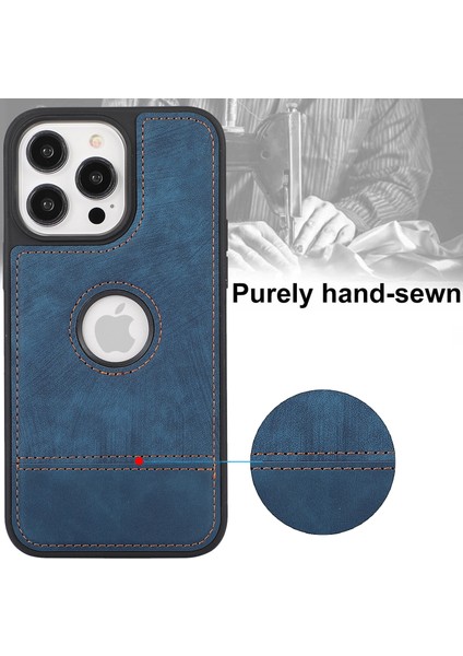 Apple iPhone 14 Pro Kabuk Şok Geçirmez Pu Deri Kaplamalı Tpu Telefon Kapak Mavisi Için Logo Görünüm Kılıfı (Yurt Dışından)