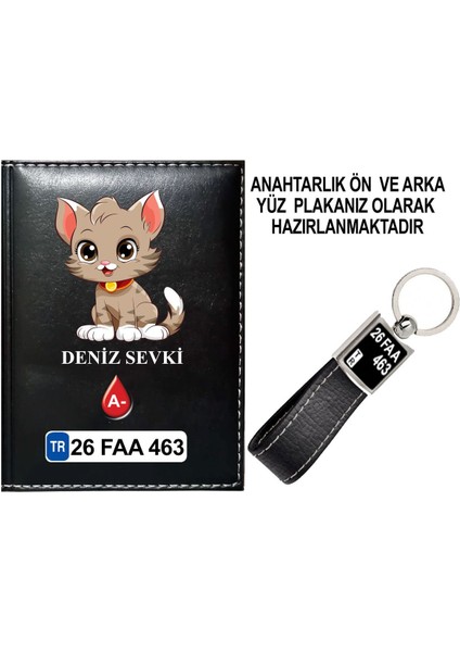 Kişiye Özel Sevimli Kedi 4 Görselli Siyah Ruhsat Kabı ve Anahtarlık