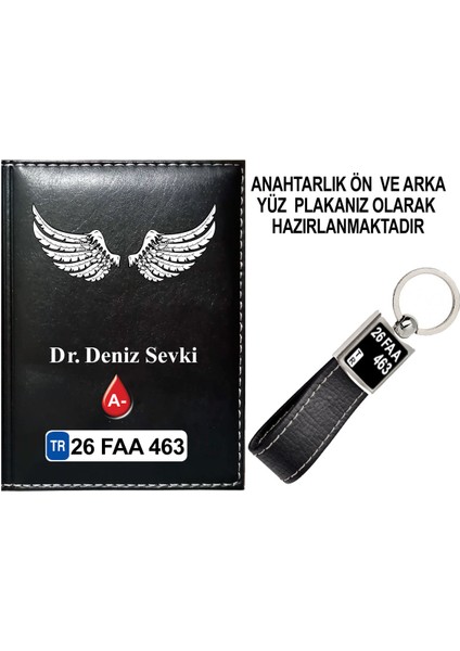 Kişiye Özel Kanat Görselli Siyah Ruhsat Kabı ve Anahtarlık
