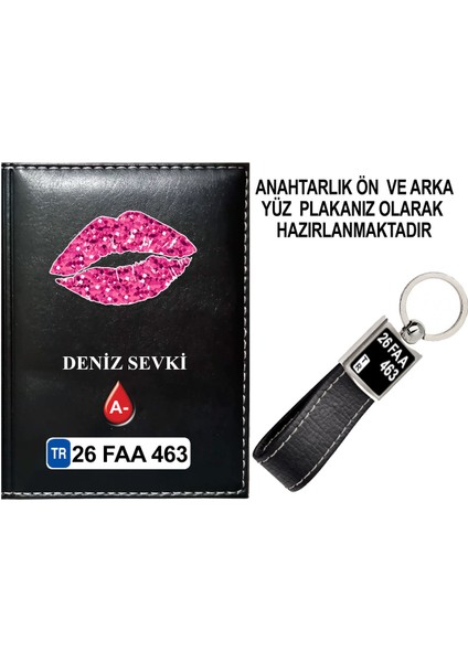 Kişiye Özel Dudak Görselli Siyah Ruhsat Kabı ve Anahtarlık