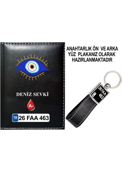 Kişiye Özel Nazar Boncuğu 5 Görselli Siyah Ruhsat Kabı ve Anahtarlık