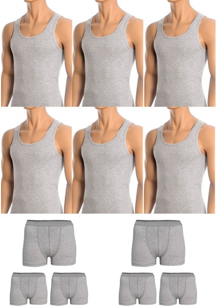 Erkek Pamuklu 6'lı Gri Atlet ve 6'lı Gri Boxer 12 Parça Set