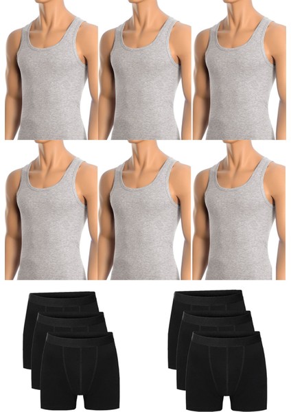 Erkek Pamuklu 6'Lı Gri Atlet Ve 6'Lı Siyah Boxer 12 Parça Set