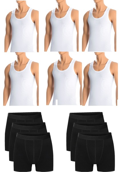 Erkek Pamuklu 6'lı Beyaz Atlet ve 6'lı Siyah Boxer 12 Parça Set