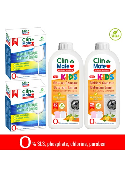 4'lü Set Ekolojik Bulaşık Tableti 30 Yk 2 Adet -Bitkisel Çocuk Çamaşır Deterjanı 750 ml 40 Yk 2 Adet