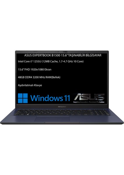 Expertbook B1500 Intel Core I7 1255U 48GB 1tb SSD 15.6" Fhd Windows 11 Pro Taşınabilir Bilgisayar