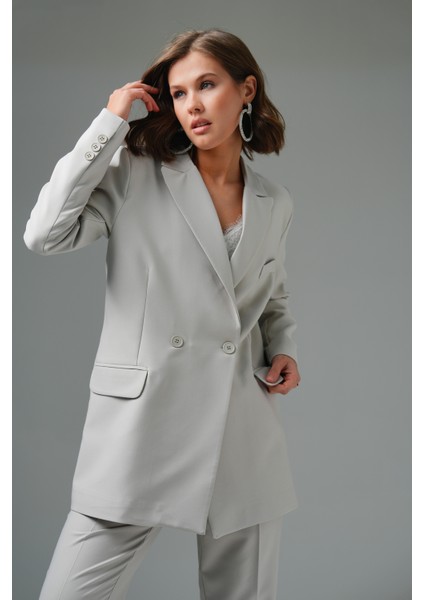 Kum Blazer Ceket-Pantolon Dokuma Alt-Üst Takım