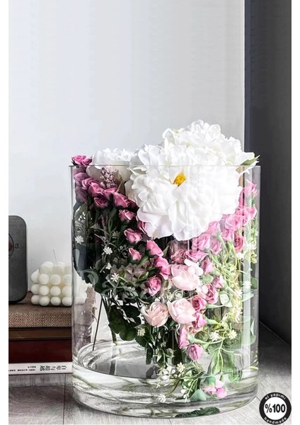 Denizli El Imalati 19 cm Genişlik 40 cm - Akvaryum El Işciliği Silindir Vazo Cam Kalın Taban