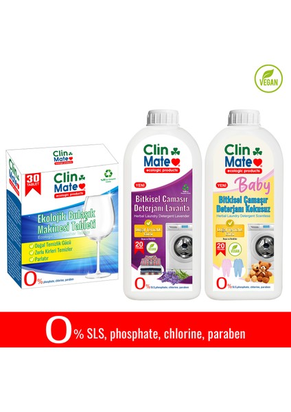 3'li Set Ekolojik Bulaşık Tableti 30 Yk - Lavanta Çamaşır Deterjanı -Bitkisel Bebek 750 ml 40 Yk