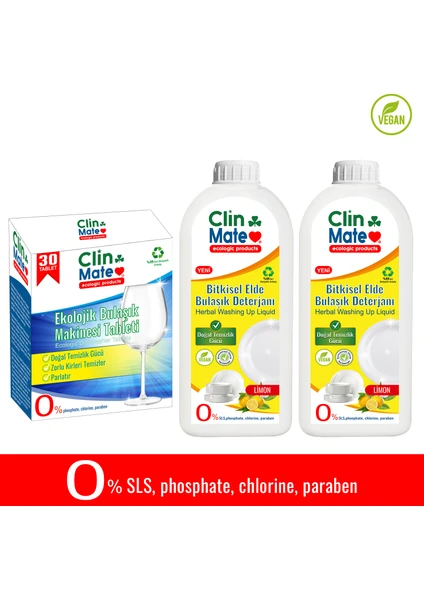 3'lü Set Ekolojik Bulaşıl Tableti 30 Yk + Bitkisel Elde Bulaşık Deterjanı Limon 750 ml 2 Adet