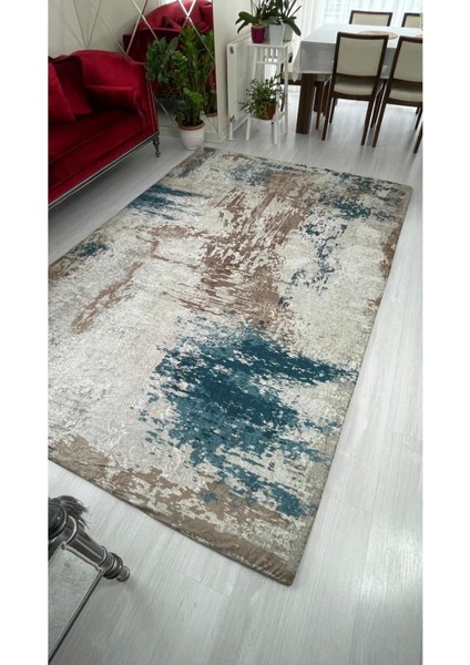 Yeni Desen Jet Kahve ve Turkuaz Model Kadife Halı Örtüsü