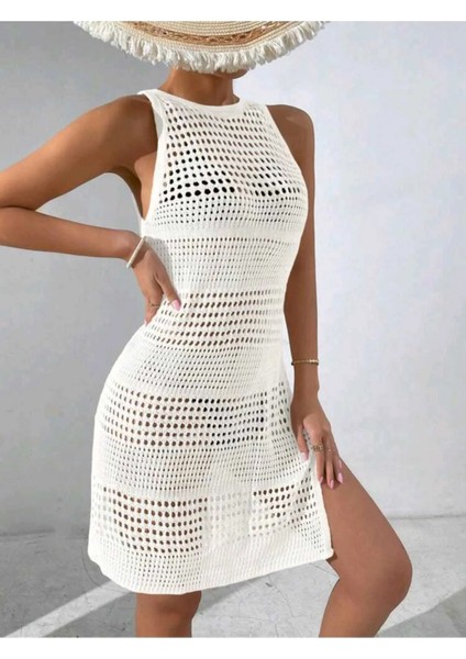 Ajurlu Desen Bikini Üstü Bisiklet Yaka Kolsuz Plaj Elbisesi