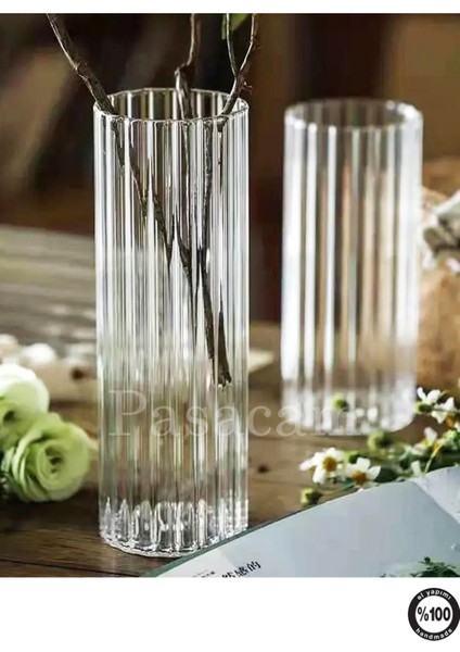 Optik Cizgili Borosilikat Silindir Cam Vazo 10 cm Genişlik 25 cm Yükseklik 1 Adet modelleri
