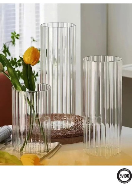 Optik Cizgili Borosilikat Silindir Cam Vazo 10 cm Genişlik 25 cm Yükseklik 1 Adet fırsatları