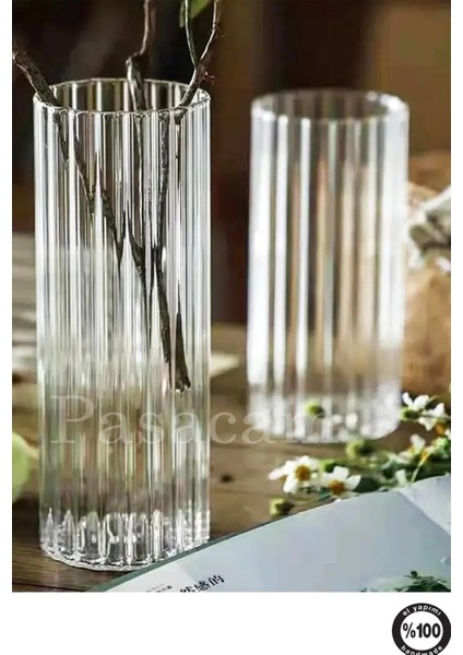 Optik Cizgili Silindir Cam Vazo Borosilikat 10 cm Genişlik 20 cm Yükseklik 1 Adet