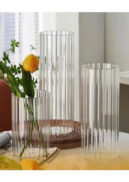 Optik Cizgili Silindir Cam Vazo Borosilikat 10 cm Genişlik 20 cm Yükseklik 1 Adet fiyatları