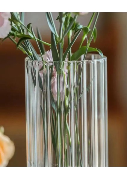 Optik Cizgili Silindir Cam Vazo Borosilikat 10 cm Genişlik 20 cm Yükseklik 1 Adet indirimleri