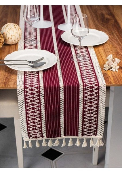 Örme Mürdüm Runner , Püsküllü Organik Pamuk Dantel Örme Runner 35X155 cm Regina Runner Masa Örtüsü