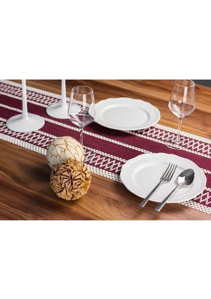 Örme Mürdüm Runner , Püsküllü Organik Pamuk Dantel Örme Runner 35X155 cm Regina Runner Masa Örtüsü
