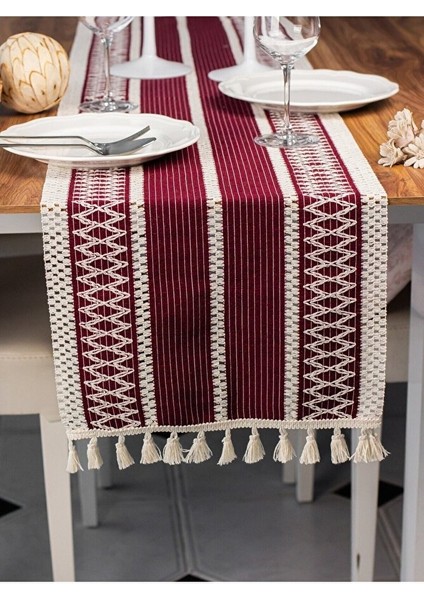 Örme Mürdüm Runner , Püsküllü Organik Pamuk Dantel Örme Runner 35X155 cm Regina Runner Masa Örtüsü