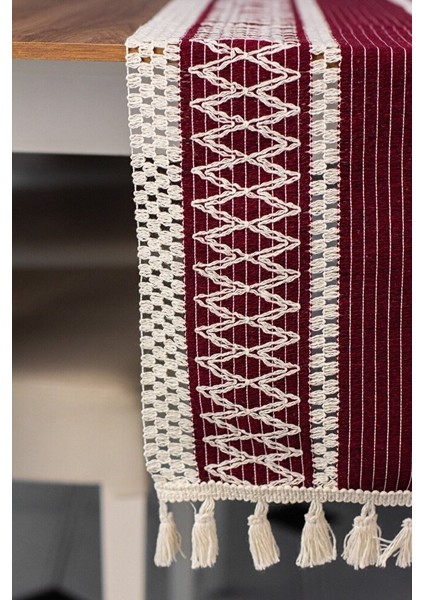 Örme Mürdüm Runner , Püsküllü Organik Pamuk Dantel Örme Runner 35X155 cm Regina Runner Masa Örtüsü
