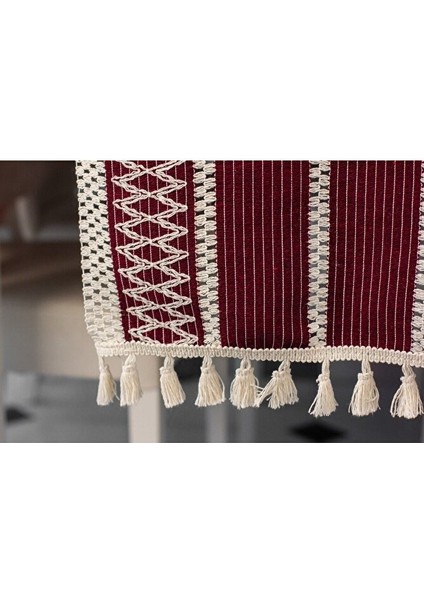 Örme Mürdüm Runner , Püsküllü Organik Pamuk Dantel Örme Runner 35X155 cm Regina Runner Masa Örtüsü