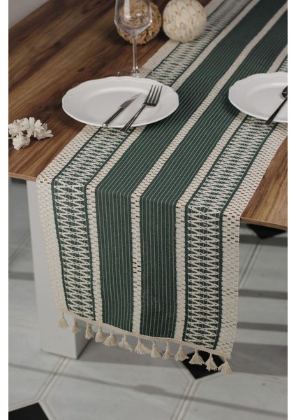 Pamuk Dantel Püsküllü Yeşil Runner, Sunum Örtüsü Dantel Bej 35X145 cm Runner Masa Örtüsü