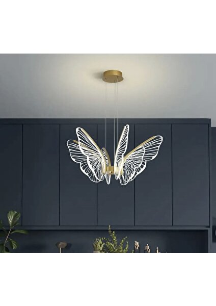 Luxury Dimmerli Kumandalı Modern Kelebek Sarkıt LED Avize Butterfly Gold Sarı Kademeli 3 Renk