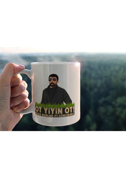 Gebeş Kaplumbağa Ot Yiyin Ot Tasarım Baskılı Seramik Kahve Çay Kupası