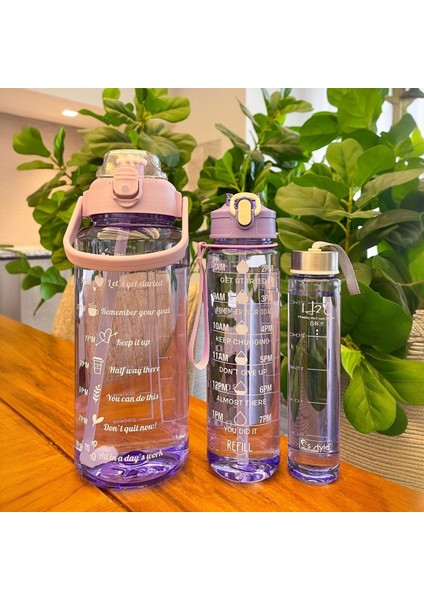 3'lü Şeffaf Motivasyonel Su Matarası Sporcu Su Şişesi Figür Sticker Çıkartmalı Soft Purple Taşınabilir Seyahat Matarası Sızdırmaz Kapaklı Pipetli Suluk Kokusuz 2000 Ml. + 900 Ml. 500 Ml. Seti