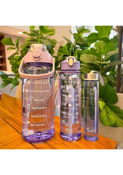 3'lü Şeffaf Motivasyonel Su Matarası Sporcu Su Şişesi Figür Sticker Çıkartmalı Soft Purple Taşınabilir Seyahat Matarası Sızdırmaz Kapaklı Pipetli Suluk Kokusuz 2000 Ml. + 900 Ml. 500 Ml. Seti