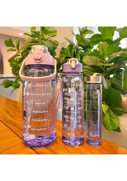 3'lü Şeffaf Motivasyonel Su Matarası Sporcu Su Şişesi Figür Sticker Çıkartmalı Soft Purple Taşınabilir Seyahat Matarası Sızdırmaz Kapaklı Pipetli Suluk Kokusuz 2000 Ml. + 900 Ml. 500 Ml. Seti