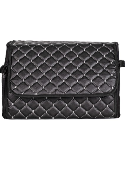 Oto Bagaj Organizeri Kapitone Deri Çanta Siyah-Gümüş Renk 40 cm modelleri