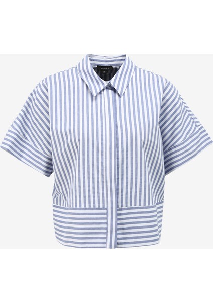 Geniş Fit Gömlek Yaka Çizgili Mavi - Beyaz Kadın Gömlek FC4SL-GML0530