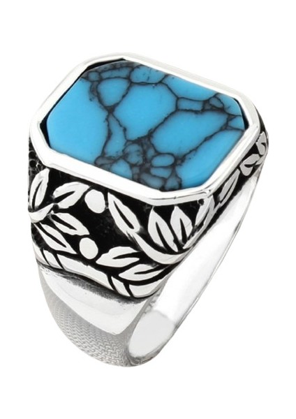 Erkek Yüzük Gümüş 925 Ayar Turkuaz Taşlı