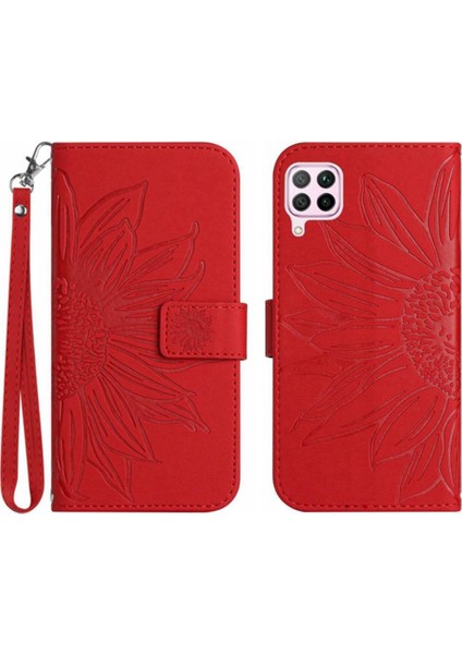 Huawei P40 Lite Kabartmalı Ayçiçeği Lüks Pu Deri Flip Cüzdan (Yurt Dışından)