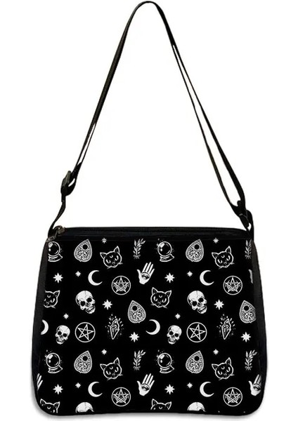 YXBWITHC01CW Stili 20CMX24CM Sevimli Siyah Kedi Cadı Messenger Çanta Kadın Çanta Tuval Koltukaltı Omuz Çantaları Büyücülük Kafatası Kız Gotik Crossbody Çanta Hediye (Yurt Dışından)