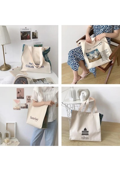 Monet Candock Stili Kadın Kanvas Omuz Çantası Aşk Felsefesi Günlük Alışveriş Çantaları Yağlıboya Kitaplar Çanta Bayanlar Için Kalın Pamuklu Bez Çanta Tote (Yurt Dışından) modelleri