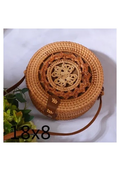 ZHONGGUOJIA18X8CM Stili Dokuma Kamış Örgü Çanta Yuvarlak Hasır Omuz Çantası Küçük Plaj Çantaları Kadın Yaz Hollow El Yapımı Messenger Crossbody Çanta (Yurt Dışından)