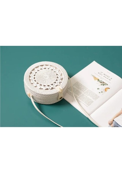 WHITELOUKONG18X8CM Tarzı Dokuma Kamış Örgü Çanta Yuvarlak Hasır Omuz Çantası Küçük Plaj Çantaları Kadın Yaz Hollow El Yapımı Messenger Crossbody Çanta (Yurt Dışından)